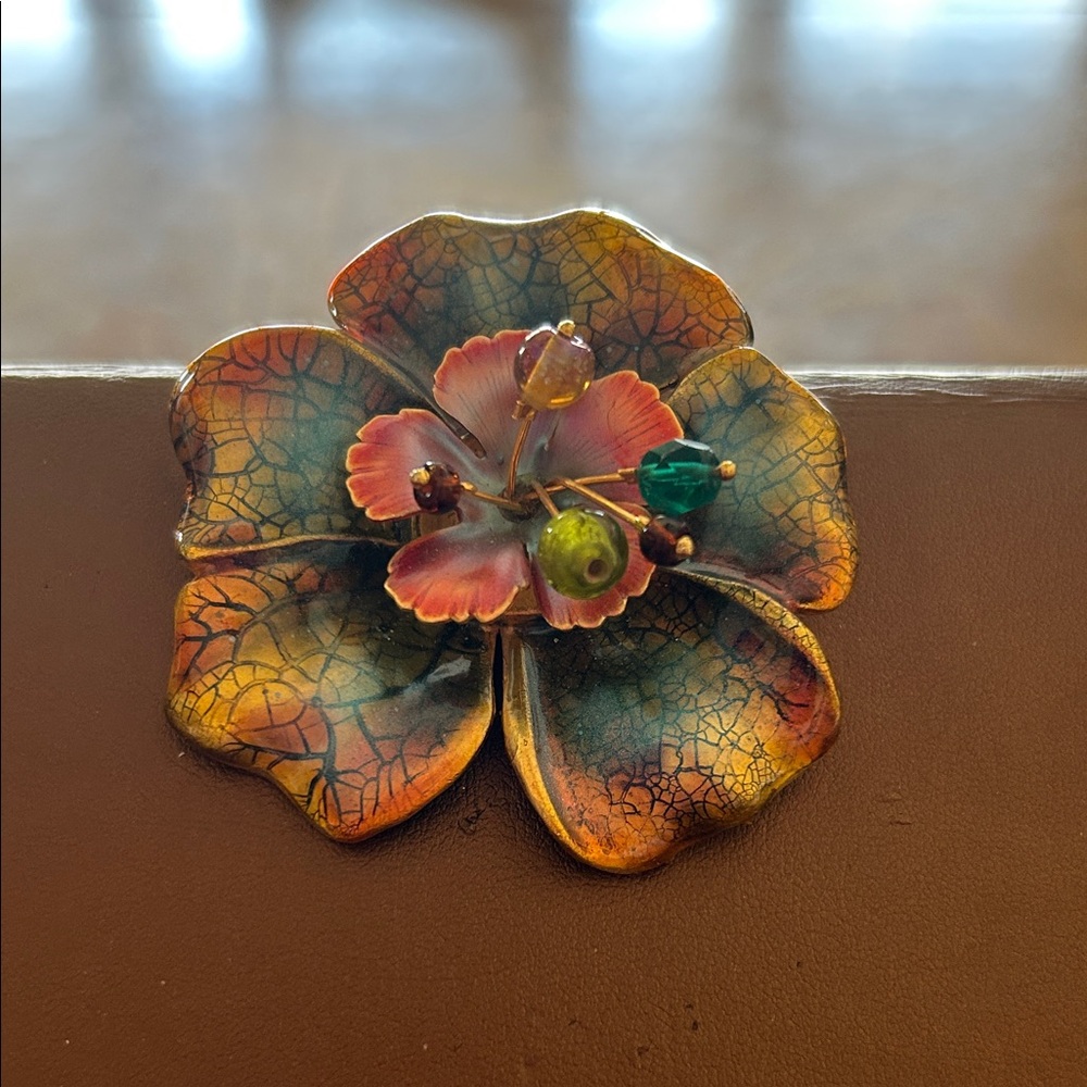 Chico’s Multicolor Floral Enamel Brooch with Bead Accents